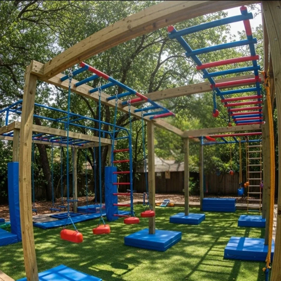 Ninja Obstacle Gym with rope swings, climbing ladders, and balance beams set in a backyard for active outdoor fun.
