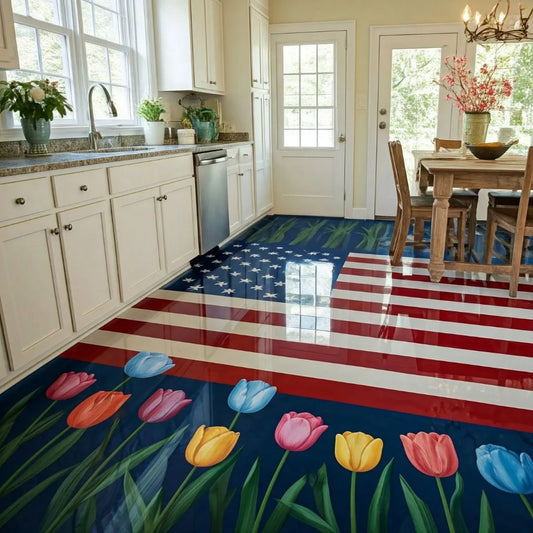 Healthy Kitchen Remodel featuring an American flag floor design with vibrant tulips, blending unique style and patriotic f...