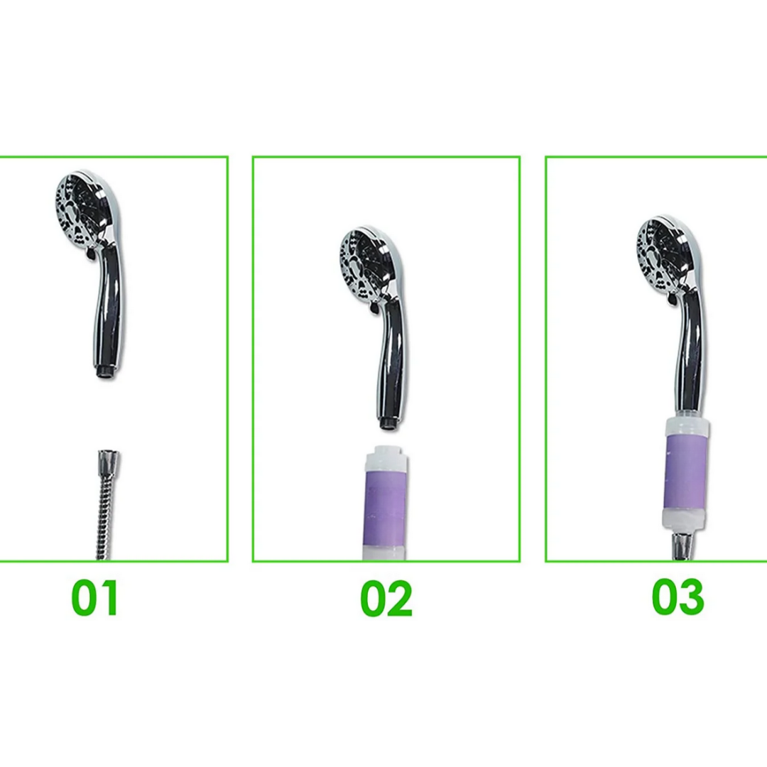 Diagram illustrating the three-step installation of a purple water filter cartridge into a chrome shower head and braided hose assembly