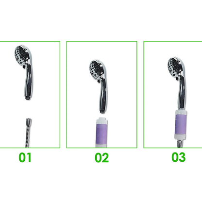 Diagram illustrating the three-step installation of a purple water filter cartridge into a chrome shower head and braided hose assembly