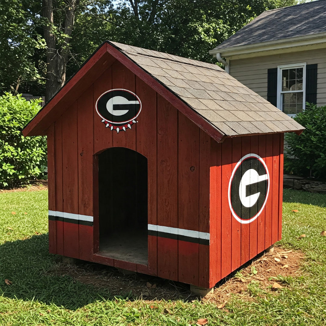 Painted wooden dog house in a residential backyard showcasing a vibrant red exterior, two prominent University of Georgia G logos, and a black and white base stripe