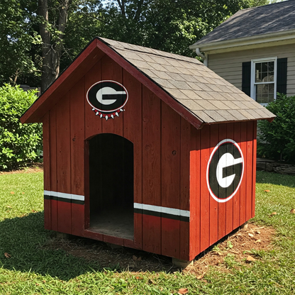 Painted wooden dog house in a residential backyard showcasing a vibrant red exterior, two prominent University of Georgia G logos, and a black and white base stripe