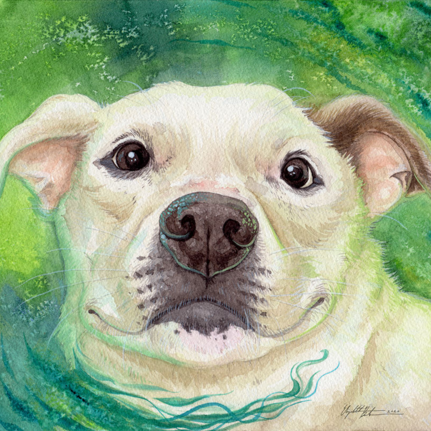 Watercolor by Elizabeth P. depicting a happy cream-colored dog's head with a broad smile, sparkling dark eyes, a black nose accented with teal-green texture, and a graceful teal swirl at its neck against a vibrant green textured background
