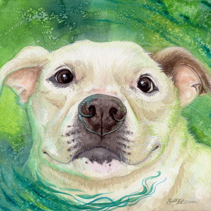 Watercolor by Elizabeth P. depicting a happy cream-colored dog's head with a broad smile, sparkling dark eyes, a black nose accented with teal-green texture, and a graceful teal swirl at its neck against a vibrant green textured background