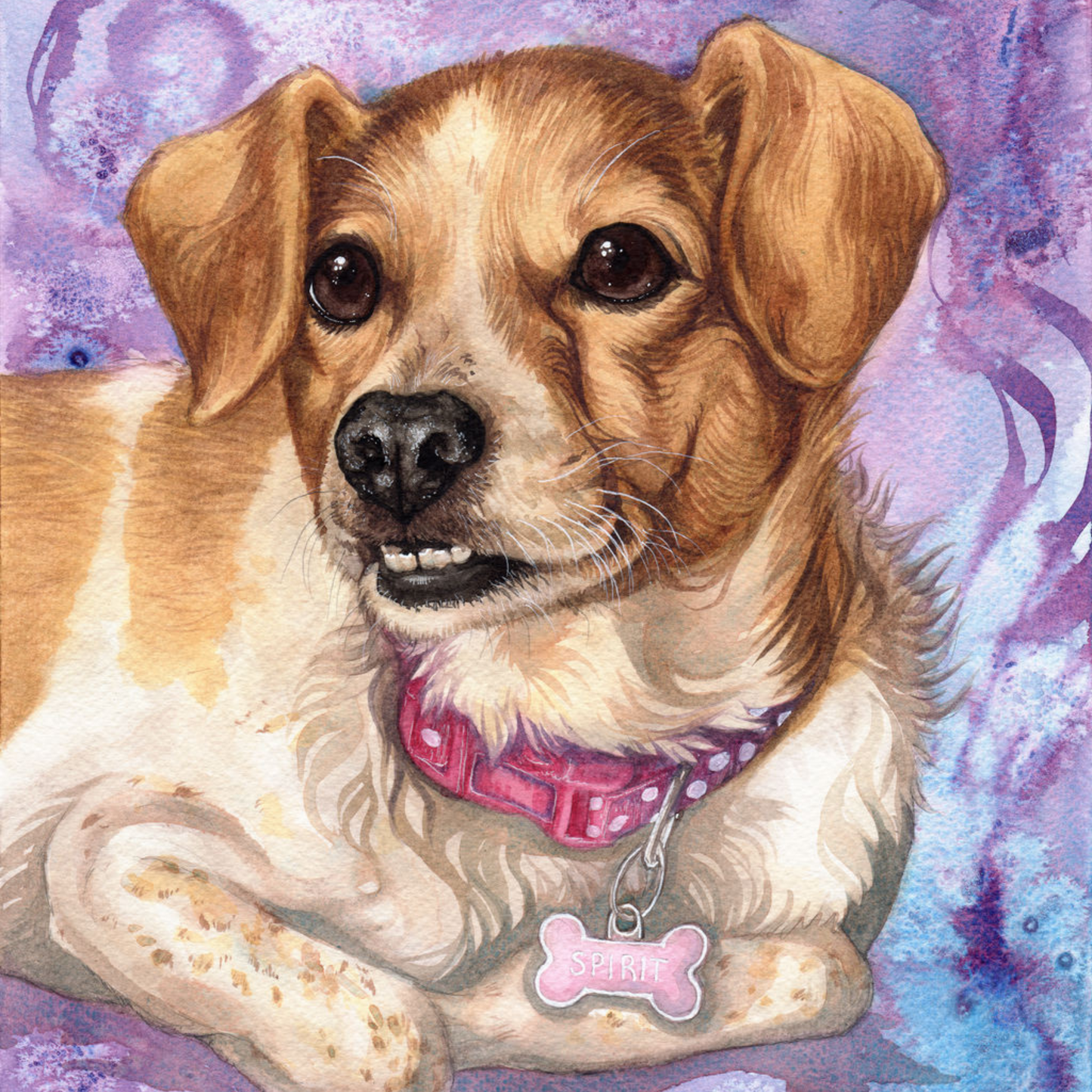 Watercolor painting of a cheerful brown and white dog with dark eyes, wearing a pink polka dot collar and a bone-shaped ID tag labeled SPIRIT, smiling against a vibrant abstract purple and blue background