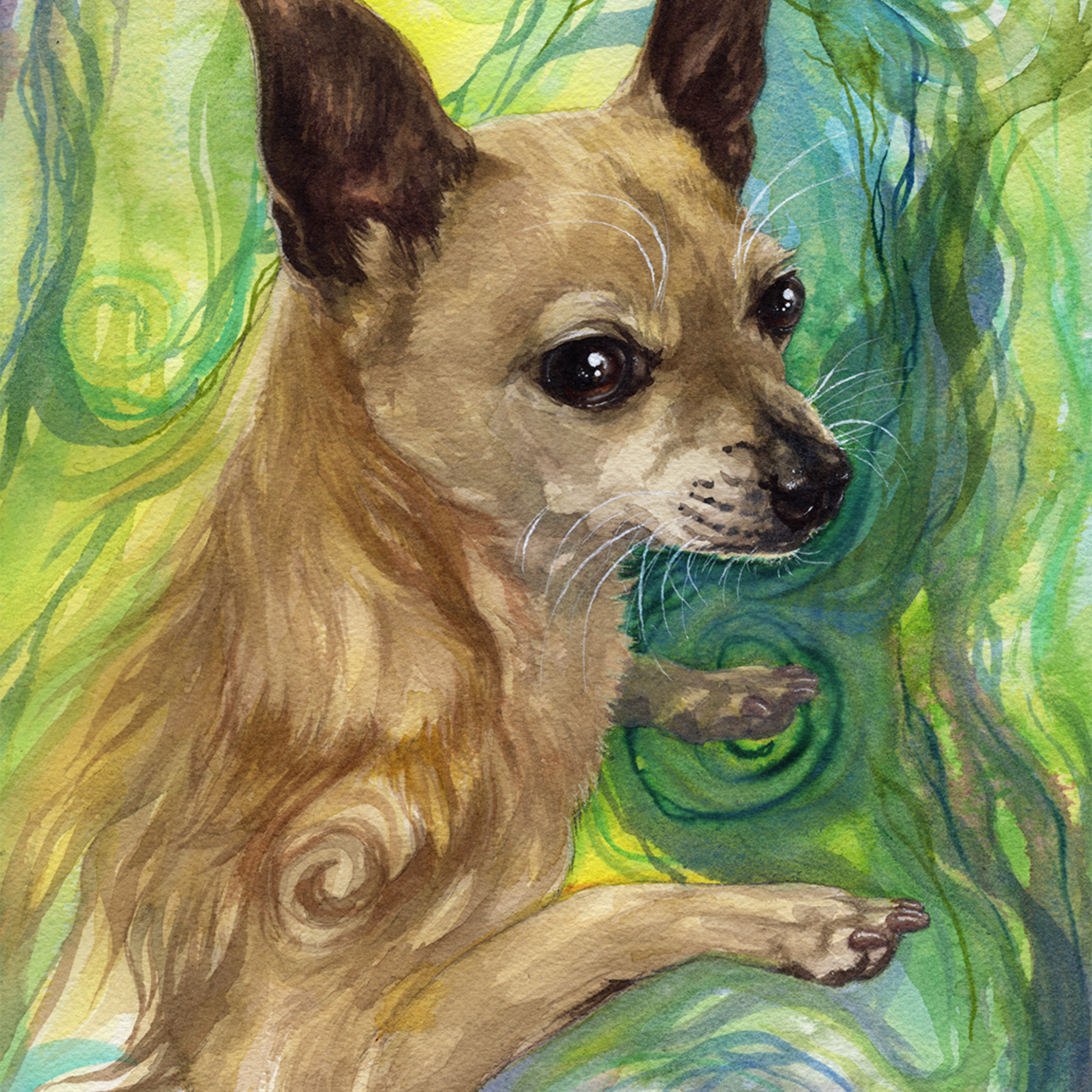 Watercolor painting of a brown chihuahua dog with alert dark eyes and white whiskers, one paw lifted, against a vibrant swirling green and blue abstract background featuring organic spiral patterns