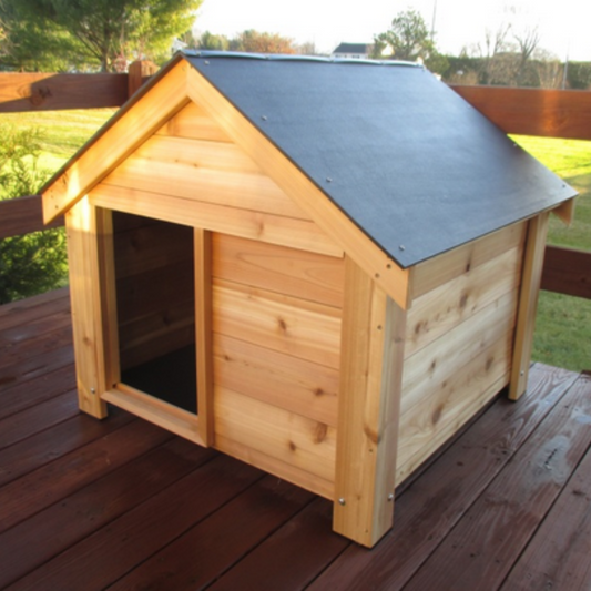 A new light-colored cedar wood dog house with a dark grey shingled roof and an open rectangular entrance is elevated on a reddish-brown wooden deck in a sunny backyard