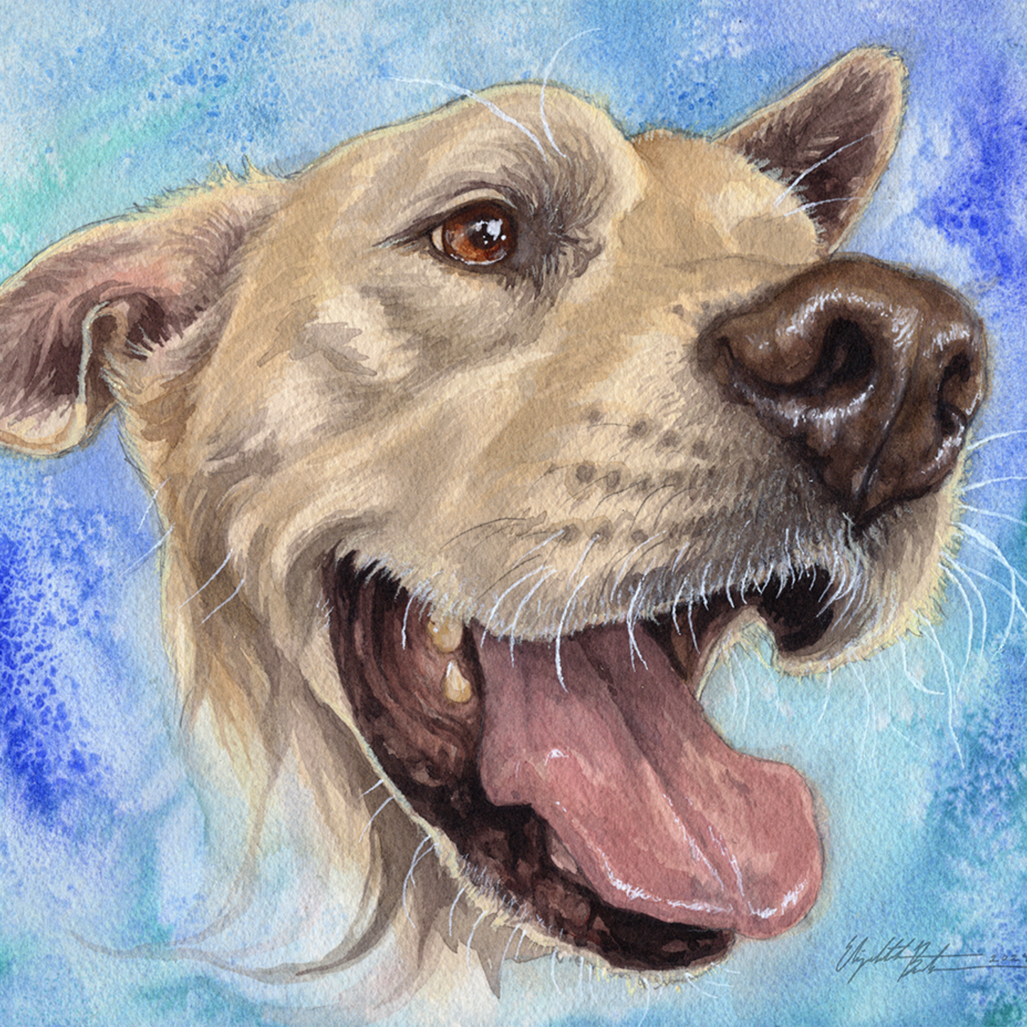 Watercolor by Elizabeth Pado featuring a smiling golden retriever dog with an open mouth, pink tongue, and shiny dark nose against a vibrant blue and teal watercolor background