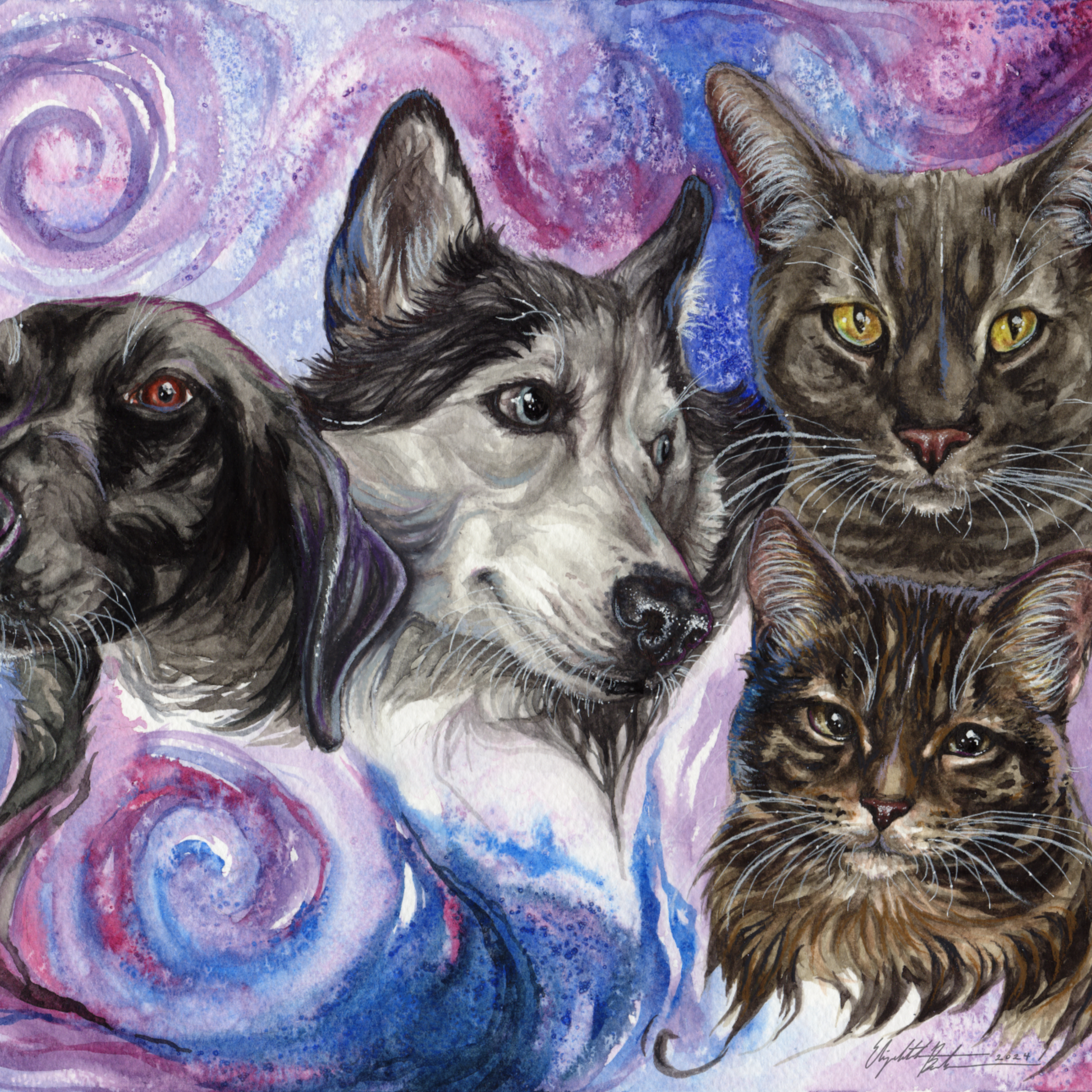 Watercolor by Elizabeth Park featuring four pet portraits: a black dog with striking red eyes, a grey husky with bright blue eyes, and two brown tabby cats, all against a vibrant swirling purple and blue background