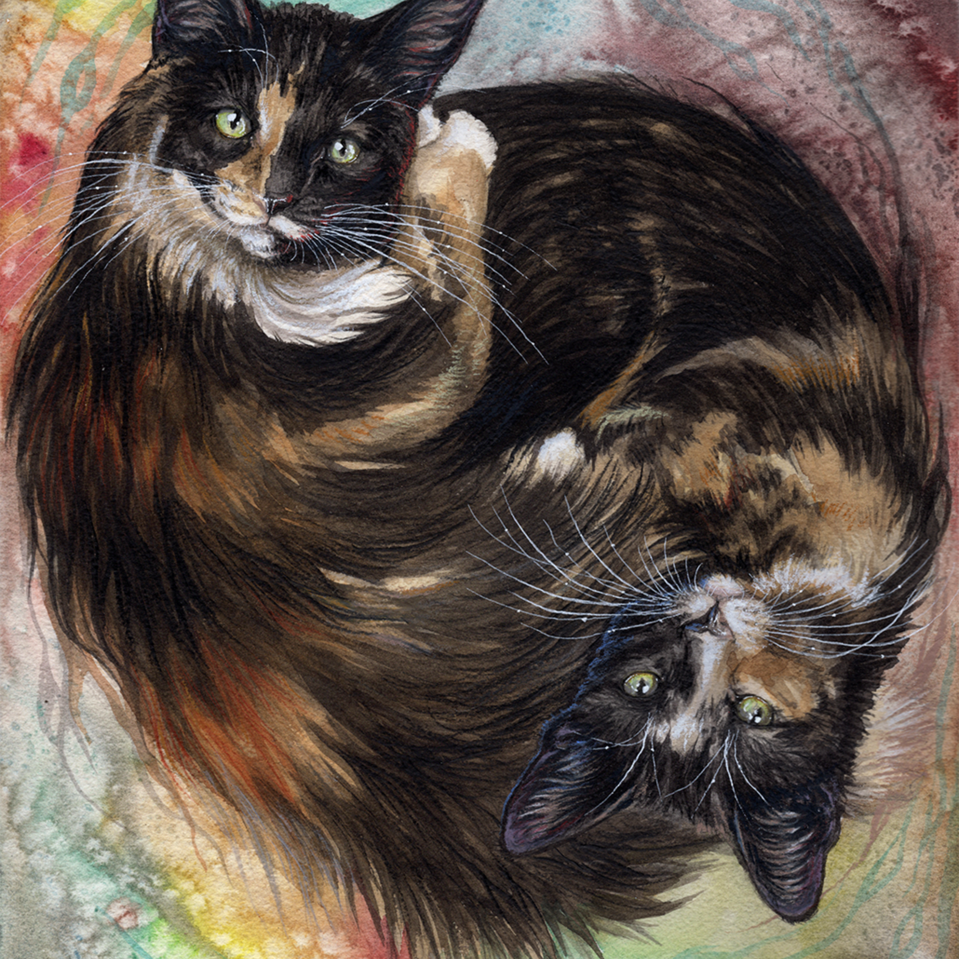 Watercolor painting of two long-haired calico cats forming a yin-yang symbol with bright green eyes and a swirling abstract background featuring warm reds and cool blues and greens