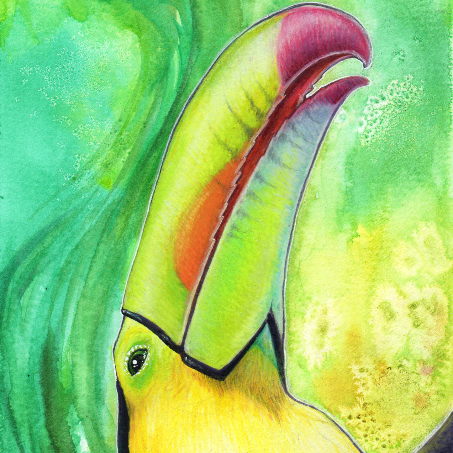 Watercolor painting of a bright yellow toucan with a prominent red-tipped orange and lime green beak against a textured emerald green background with salt bloom effects