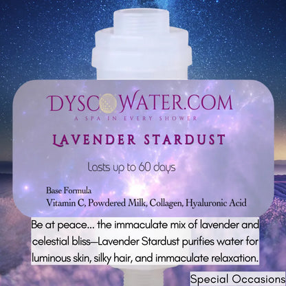 Lavender Stardust shower filter with celestial design, purifies water for luminous skin, silky hair, and relaxation.