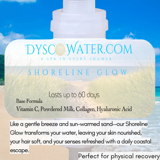 Shoreline Glow shower filter enhances water with Vitamin C, collagen, and hyaluronic acid for nourished skin and soft hair.