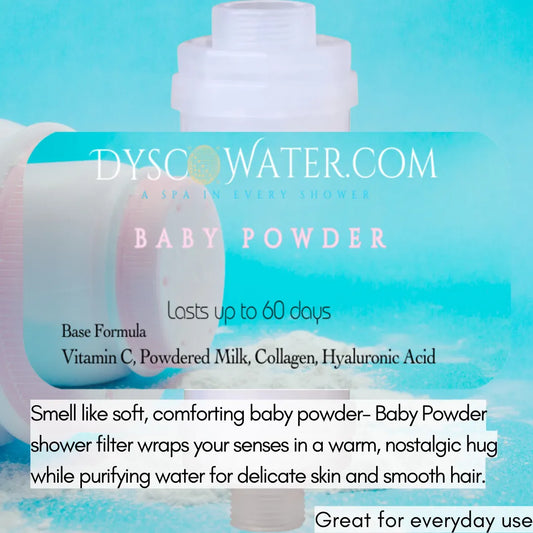 Baby Powder shower filter with Vitamin C, powdered milk, and collagen, offering 60-day water purification for smooth hair.