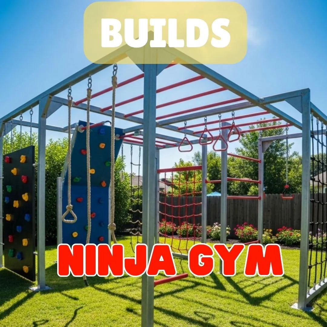Ninja Obstacle Gym with climbing wall, monkey bars, and hanging rings, ideal for outdoor fun and fitness for kids.