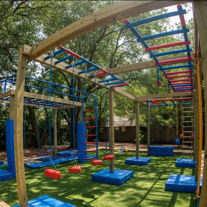 Ninja Obstacle Gym with rope swings, climbing ladders, and balance beams set in a backyard for active outdoor fun.
