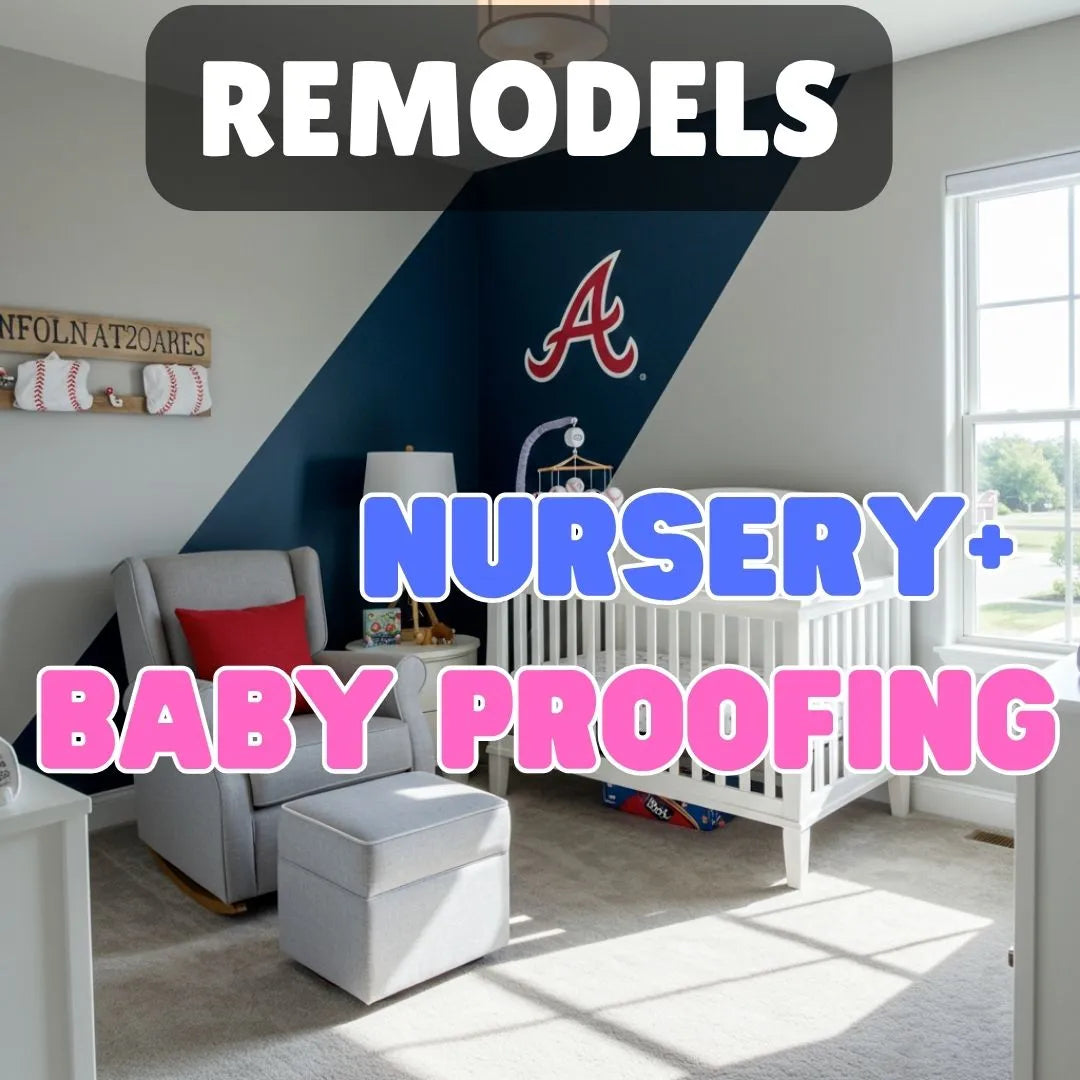 Modern nursery with crib, cozy armchair, and ottoman in a babyproofed room featuring playful decor and ample natural light.