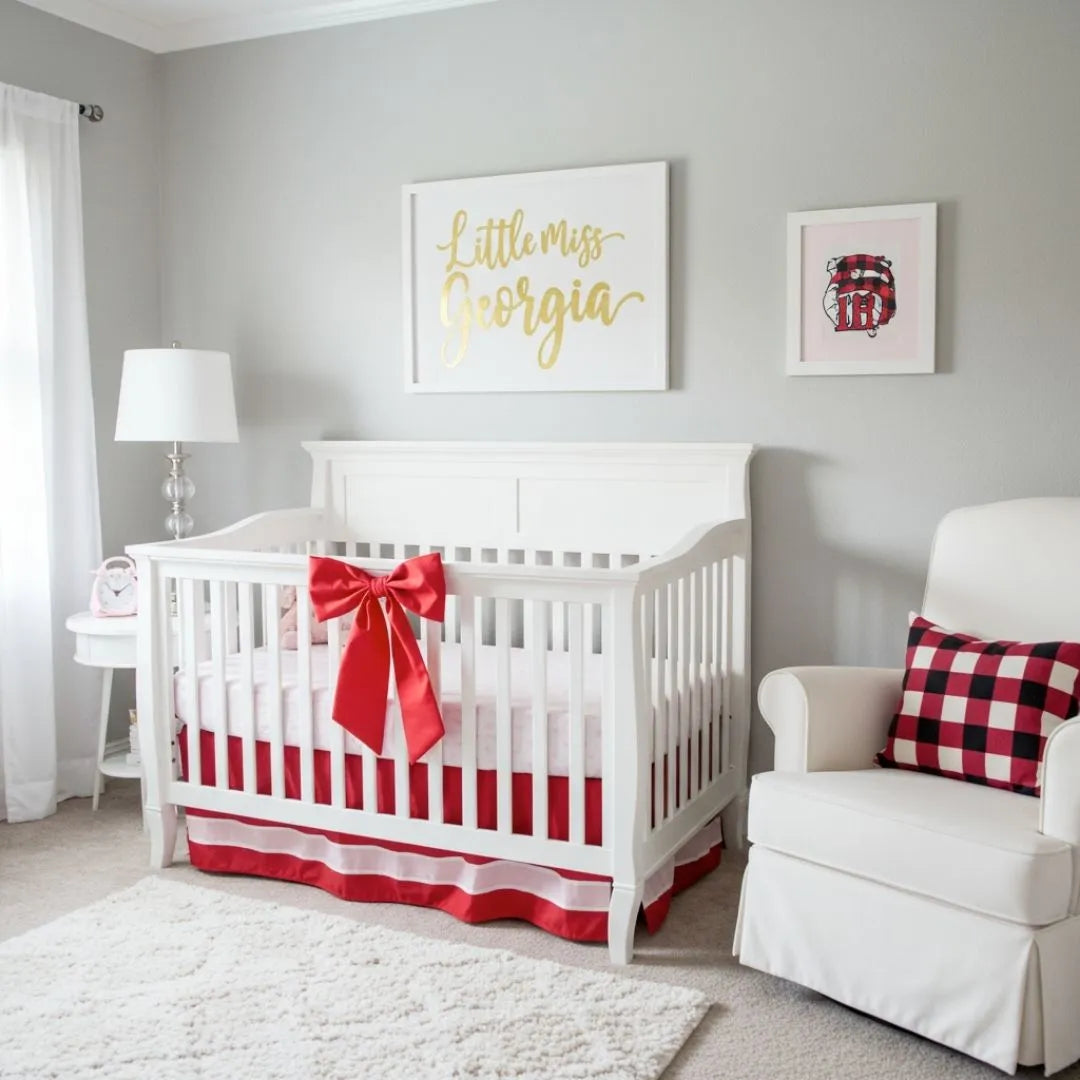 White crib with red ribbon, matching red and white bedding, in a stylish nursery. Cozy babyproofing essentials for safety.