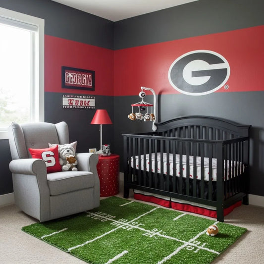 Nursery and babyproofing with black crib, gray armchair, and sports-themed decor, enhancing safety and style.