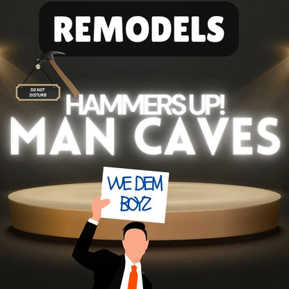 Man Cave Remodel design with bold text, spotlighted podium, and a "Do Not Disturb" sign, ideal for personal spaces.