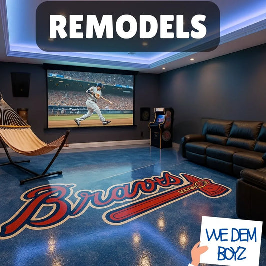 Man Cave Remodel featuring Braves-themed decor, hammock, and arcade game in a cozy entertainment room with large screen.