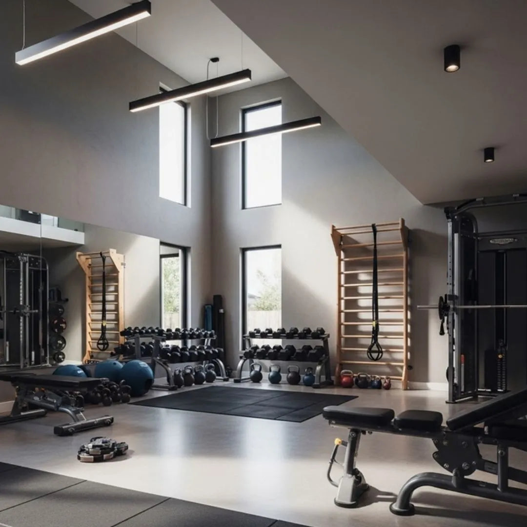 Focused Home Gym with sleek equipment, free weights, and modern design, ideal for efficient home workouts and fitness rout...