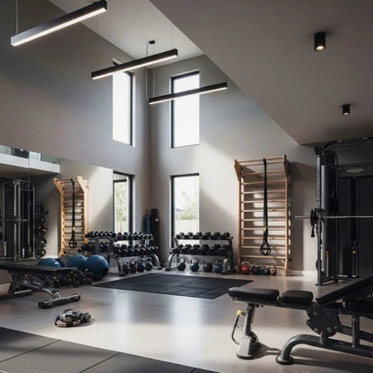 Focused Home Gym with sleek equipment, free weights, and modern design, ideal for efficient home workouts and fitness rout...