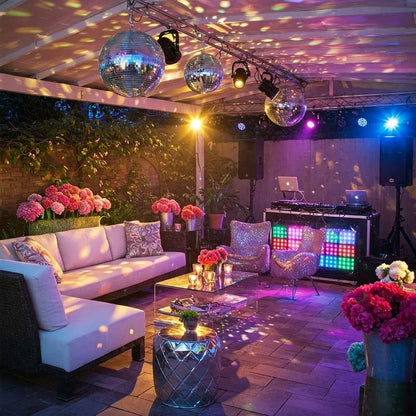 Sensory Room with vibrant lighting, disco balls, and cozy seating creates a colorful, immersive experience for relaxation.