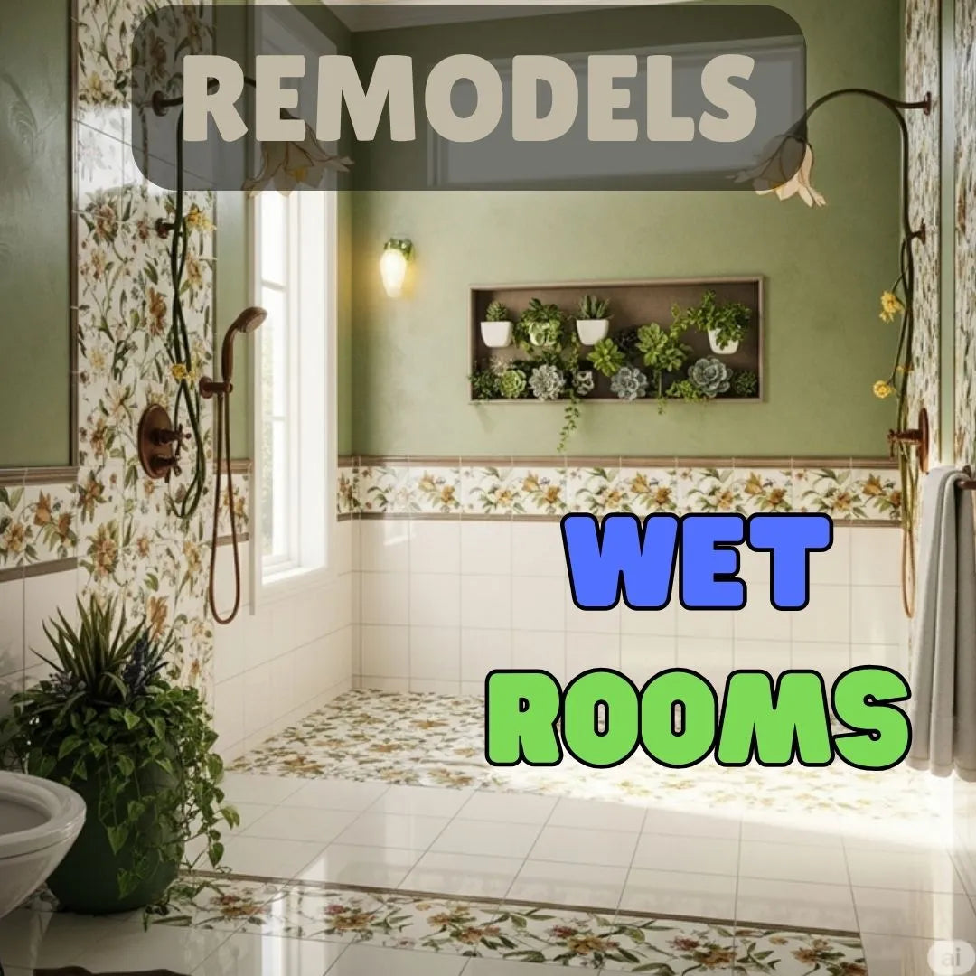Wet Room Remodel featuring floral tiles, modern fixtures, and lush greenery for a spa-like bathroom transformation.