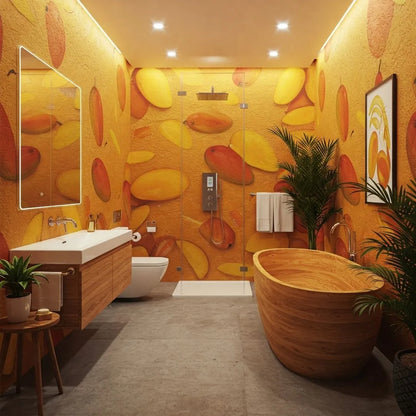 Wet Room Remodel featuring elegant wood accents, vibrant orange wall design, and modern fixtures for a luxurious bathroom ...
