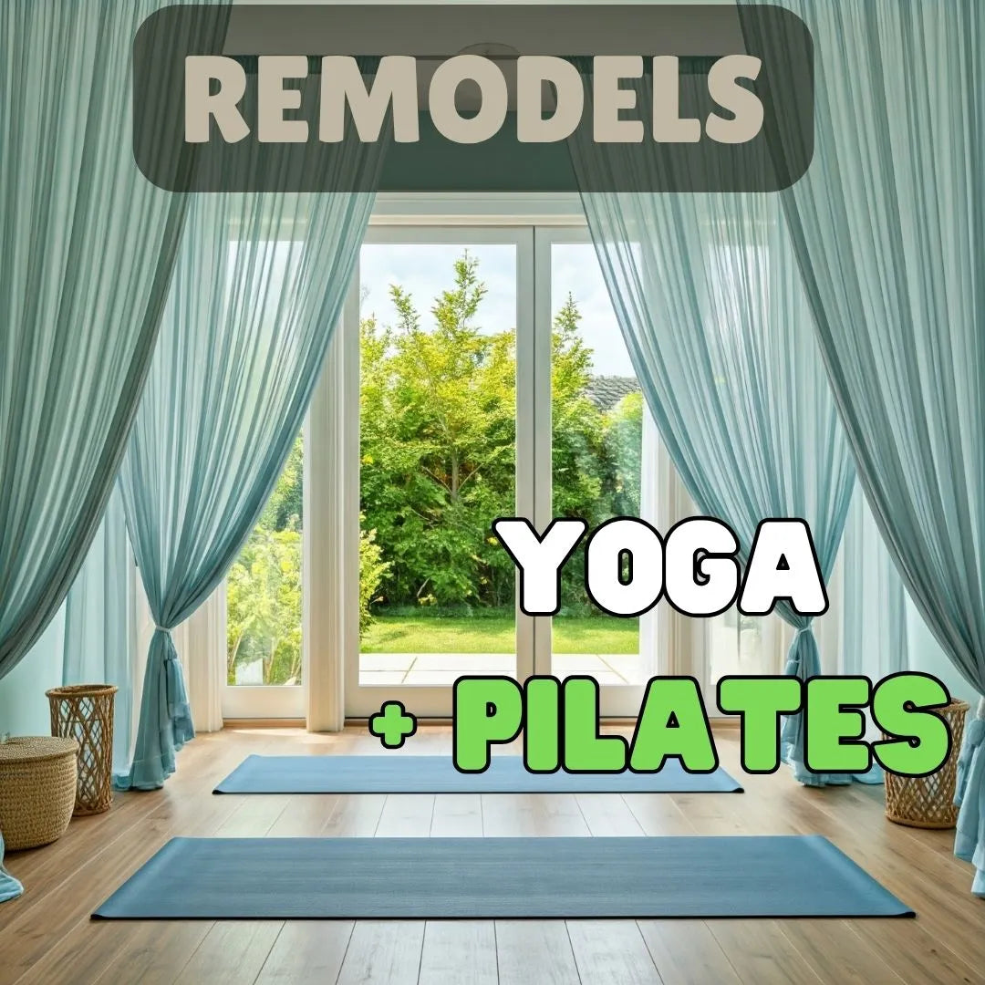 Yoga and Pilates Remodel with serene mats, airy curtains, and lush greenery for a rejuvenating home workout space.