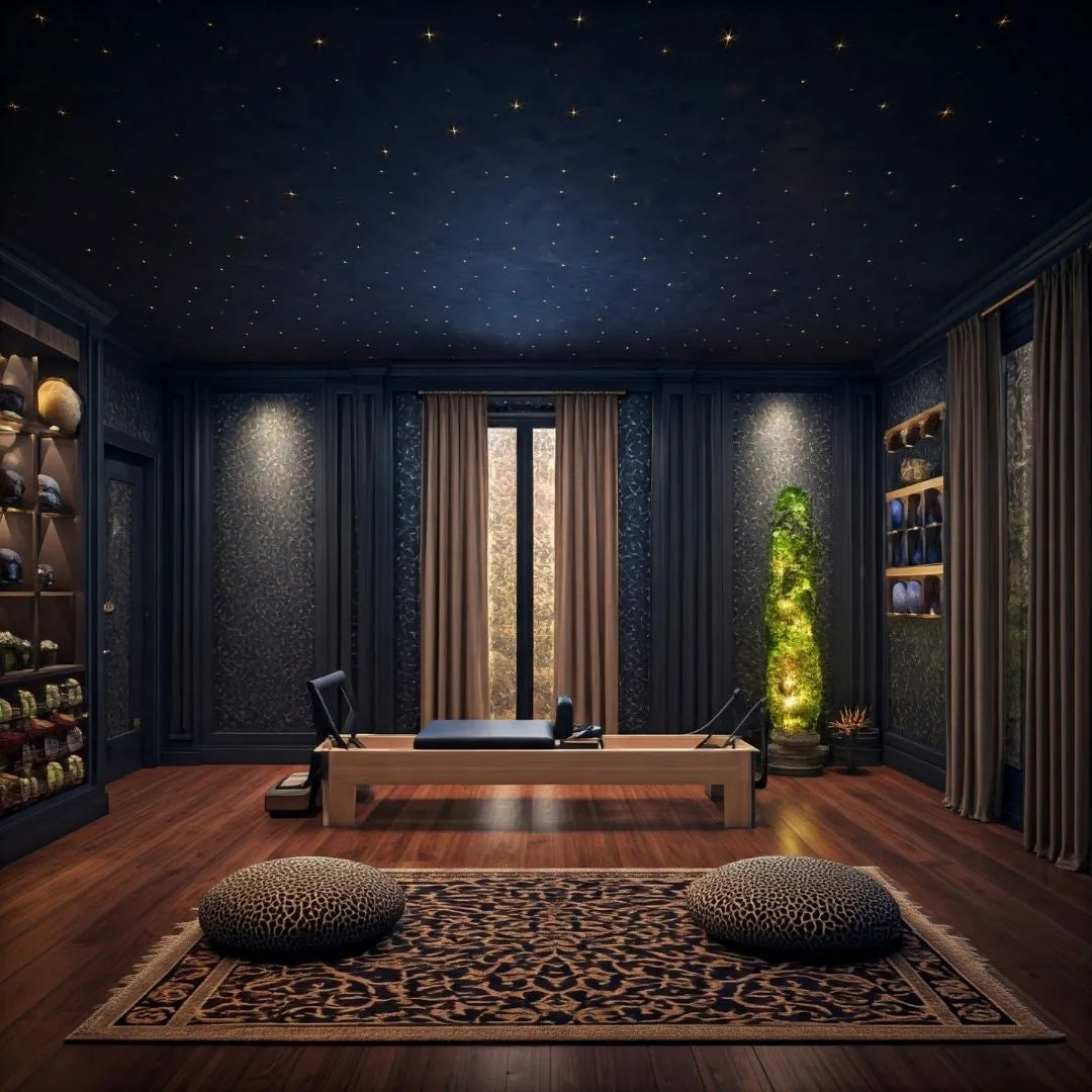 Yoga and Pilates Remodel with calming decor, featuring a reformer, cozy cushions, ambient lighting, and elegant wood floor...