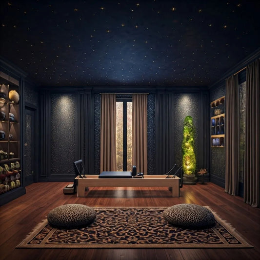 Yoga and Pilates Remodel with calming decor, featuring a reformer, cozy cushions, ambient lighting, and elegant wood floor...