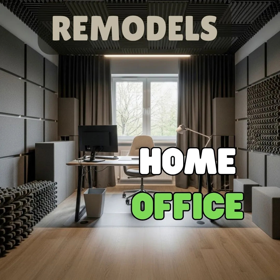 Modern home office remodel featuring sleek desk, ergonomic chair, soundproofing panels, and large window for natural light.