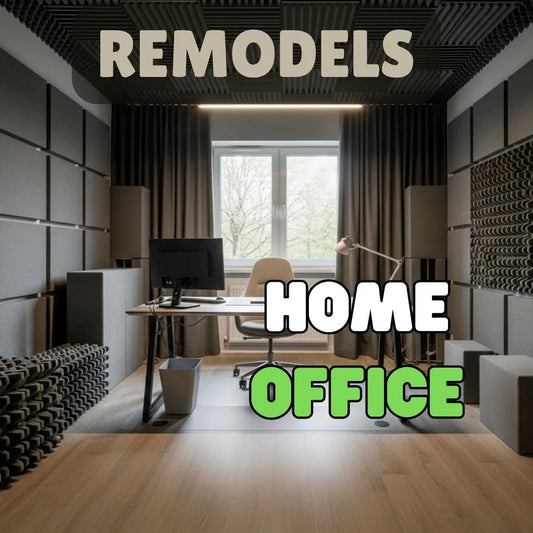 Modern home office remodel featuring sleek desk, ergonomic chair, soundproofing panels, and large window for natural light.