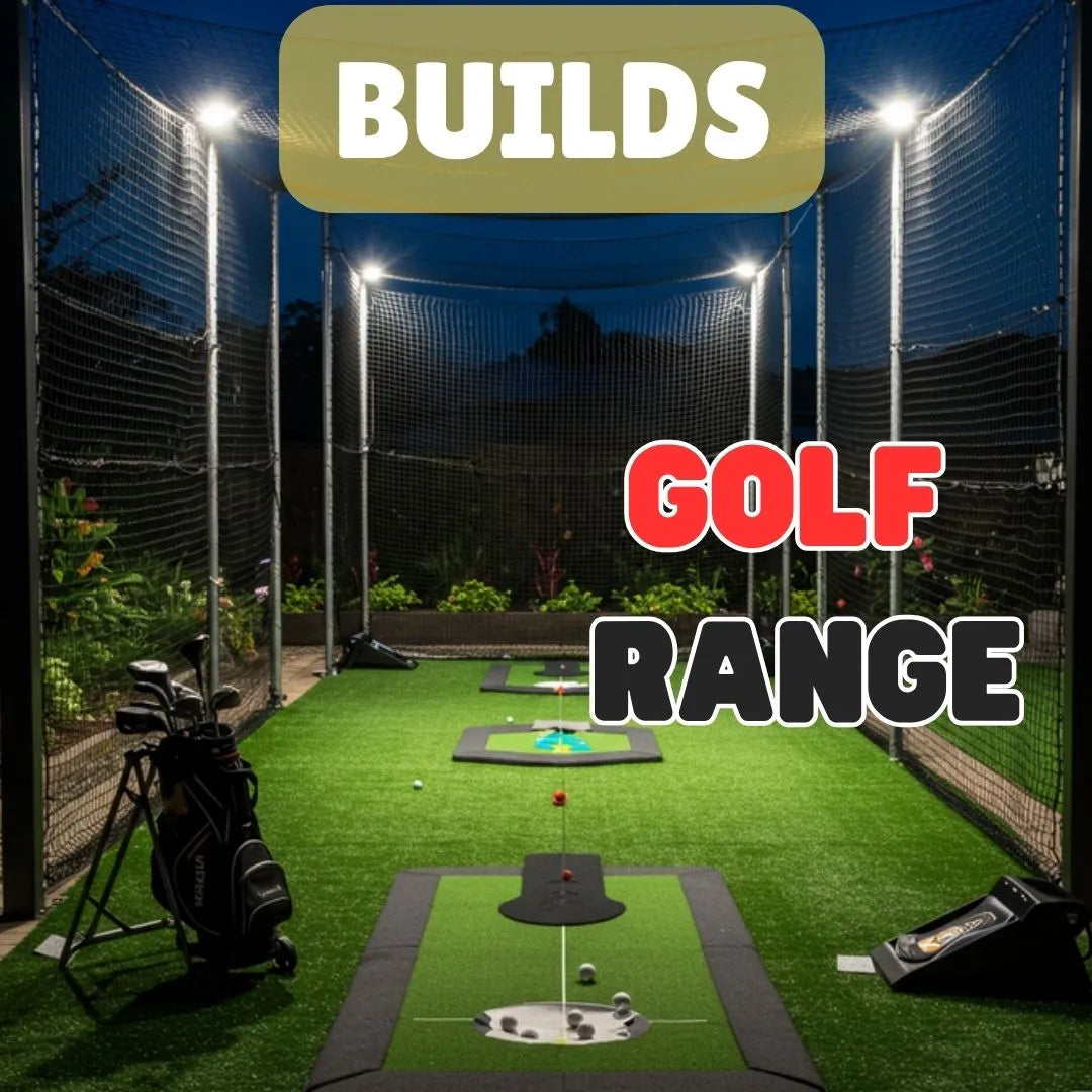Backyard Golf Range featuring artificial turf, practice mats, and a netted enclosure for home golf training and recreation.
