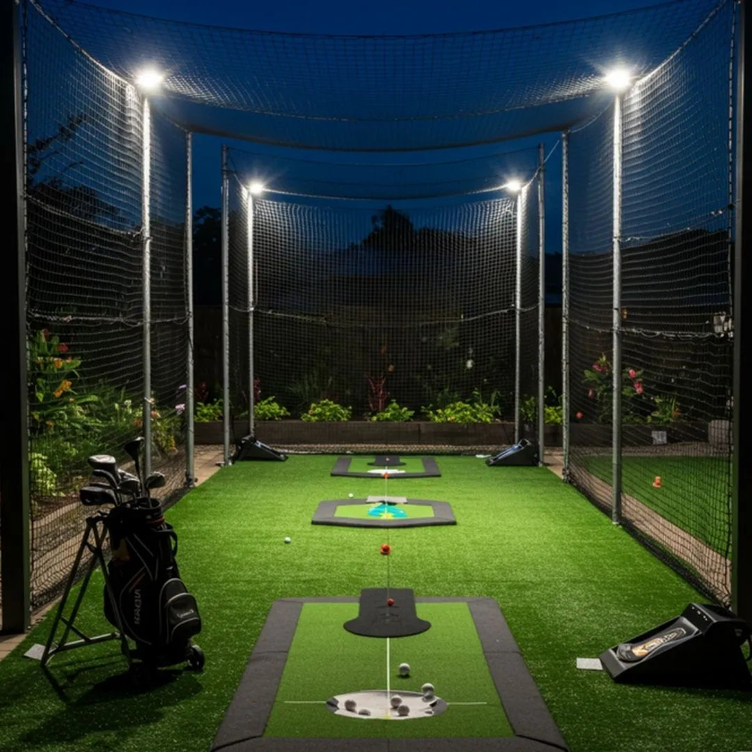 Backyard Golf Range with illuminated nets and realistic turf for night practice, complete with targets and golf bag setup.