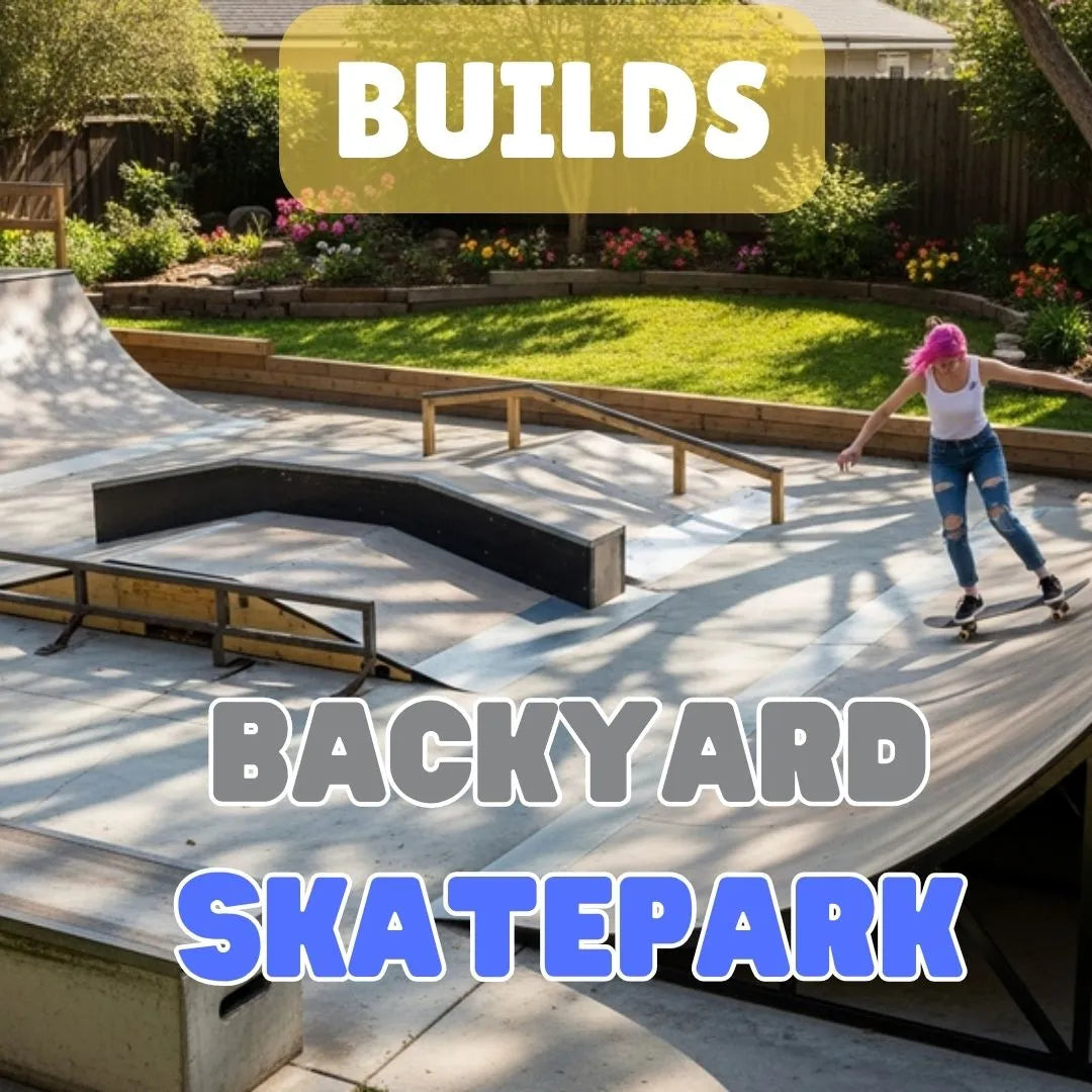 Backyard Skatepark with ramps, rails, and lush landscaping, perfect for skaters seeking an at-home skateboarding experience.