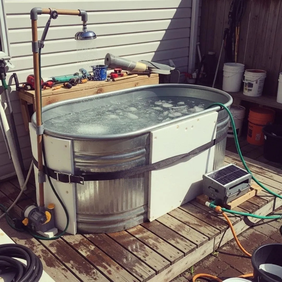 Cold Plunge tub with outdoor setup, featuring a rustic metal design and integrated shower head for refreshing immersion th...