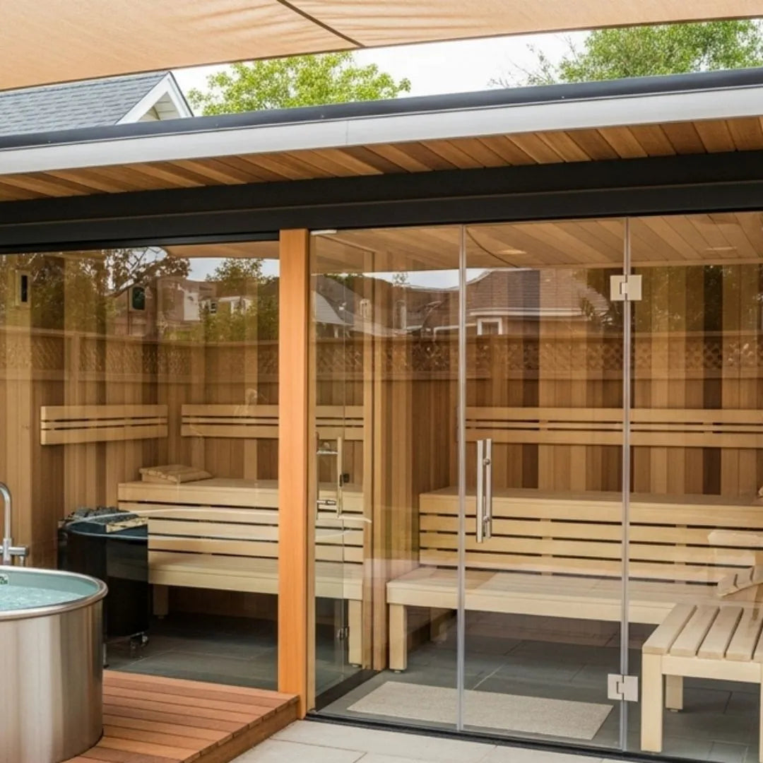 Modern outdoor sauna with glass doors, wooden benches, and a sleek design, perfect for home relaxation and wellness.