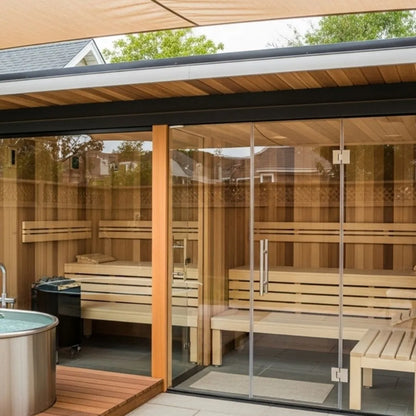 Modern outdoor sauna with glass doors, wooden benches, and a sleek design, perfect for home relaxation and wellness.