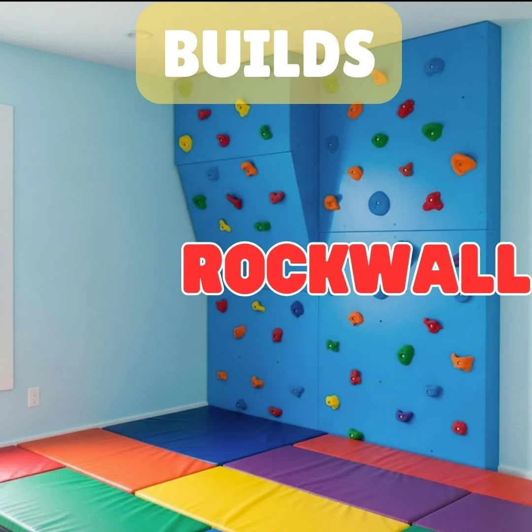 Home Rockwall with colorful holds on a vibrant play mat, ideal for indoor climbing and children's physical activity.
