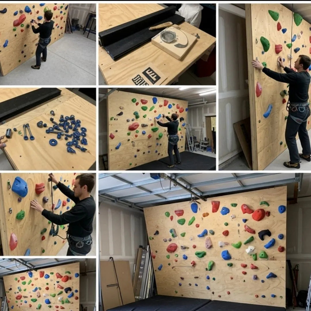 Home Rockwall with colorful climbing holds, adjustable panels, and durable construction, ideal for indoor climbing enthusi...
