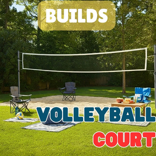 Outdoor volleyball court setup with net, chairs, and a volleyball on lush green grass, ideal for backyard sports activities.