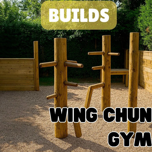 Wing Chun Gym outdoor training equipment with wooden posts in a natural setting, ideal for martial arts practice.