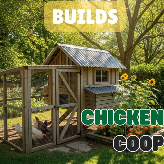 Rustic wooden chicken coop with metal roof, featuring a secure fenced area and surrounded by lush greenery and sunflowers.