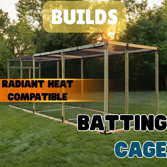 Outdoor batting cage with sturdy wooden frame, radiant heat compatible, ideal for backyard baseball practice and training.