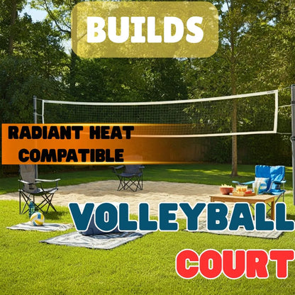 Outdoor volleyball court with net, surrounded by lush trees, includes chairs and a volleyball, radiant heat compatible des...