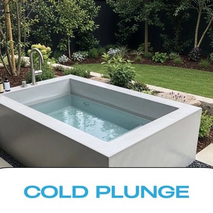 Elegant outdoor cold plunge tub with sleek rectangular design, surrounded by lush garden, offering rejuvenating cold therapy.