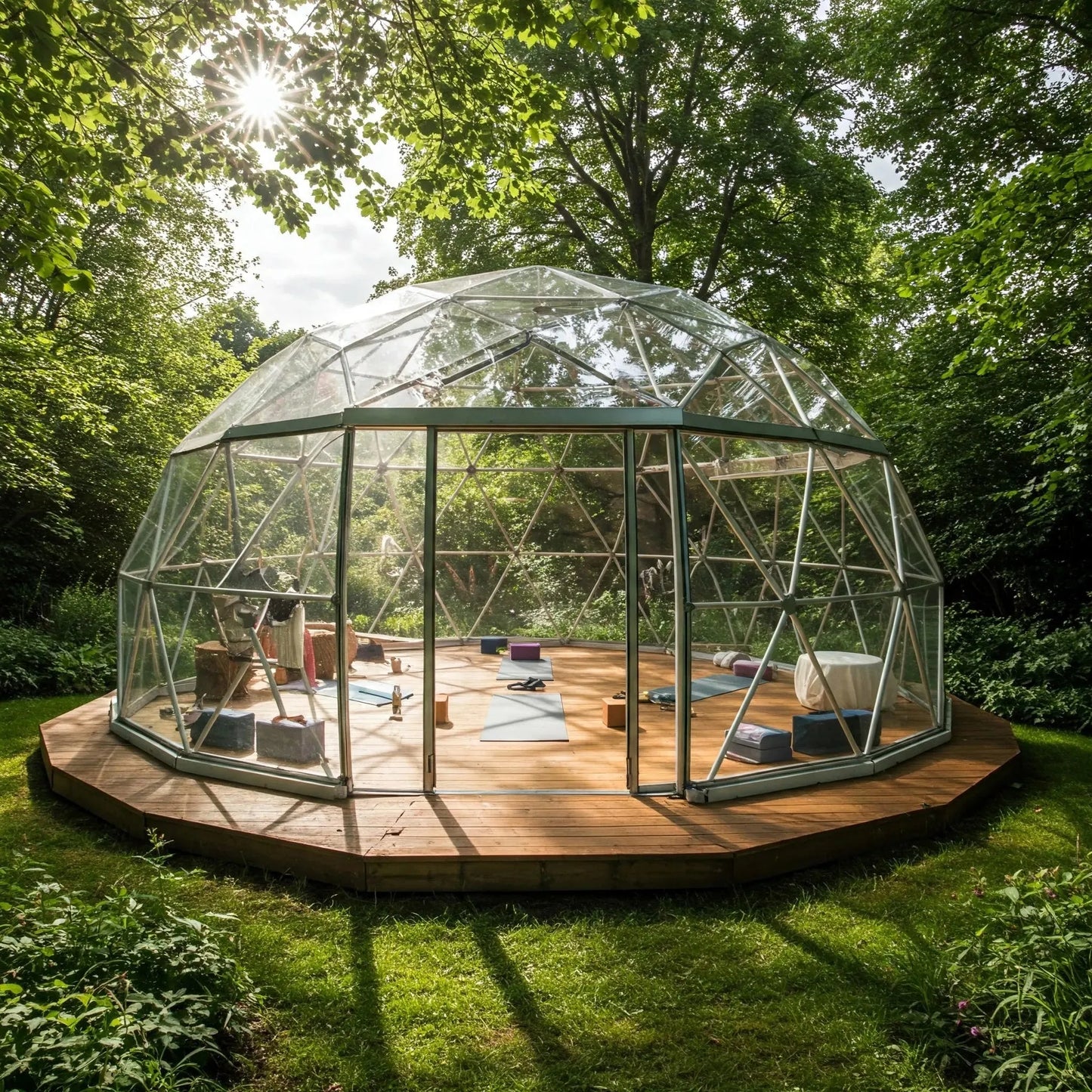 Yoga and Pilates Remodel in a serene geodesic dome surrounded by lush greenery, offering a peaceful wellness retreat setting.